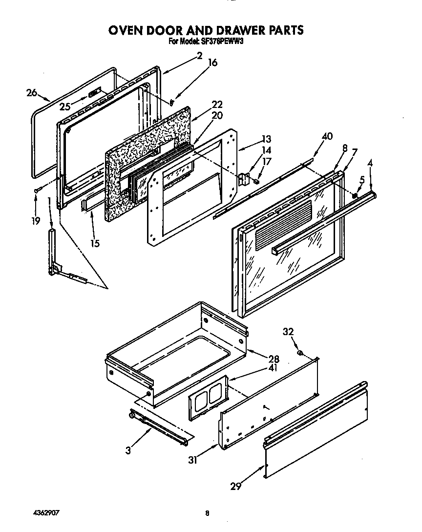 Whirlpool SF376PEWW3 oven door and drawer diagram