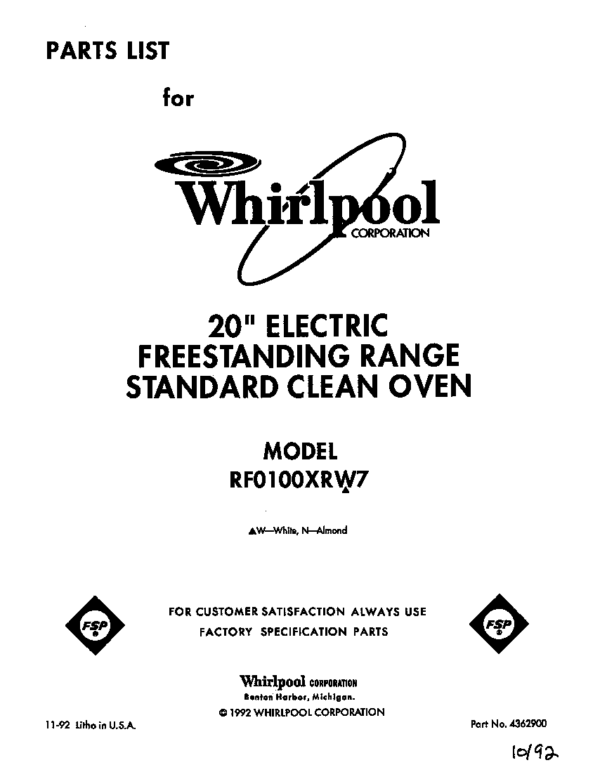 Whirlpool RF0100XRW7 front cover diagram