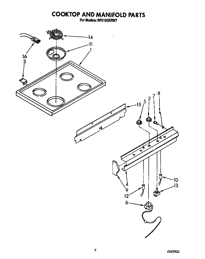 Whirlpool RF0100XRW7 cooktop and manifold diagram