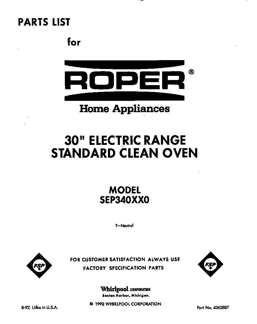 Roper SEP340XX0 front cover diagram