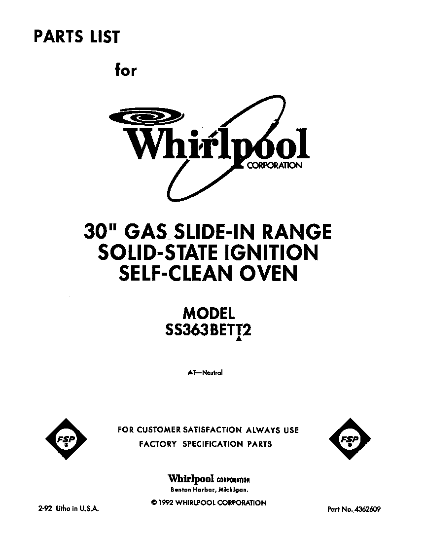 Whirlpool SS363BETT2 front cover diagram