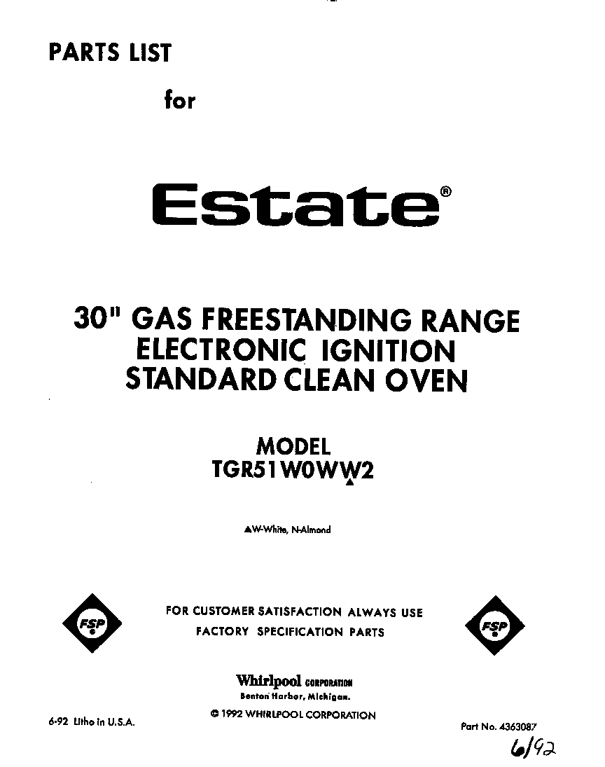 Whirlpool TGR51W0WW2 front cover diagram