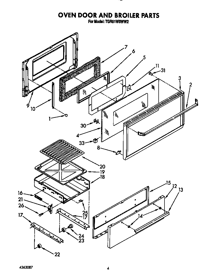 Whirlpool TGR51W0WW2 oven door and broiler diagram