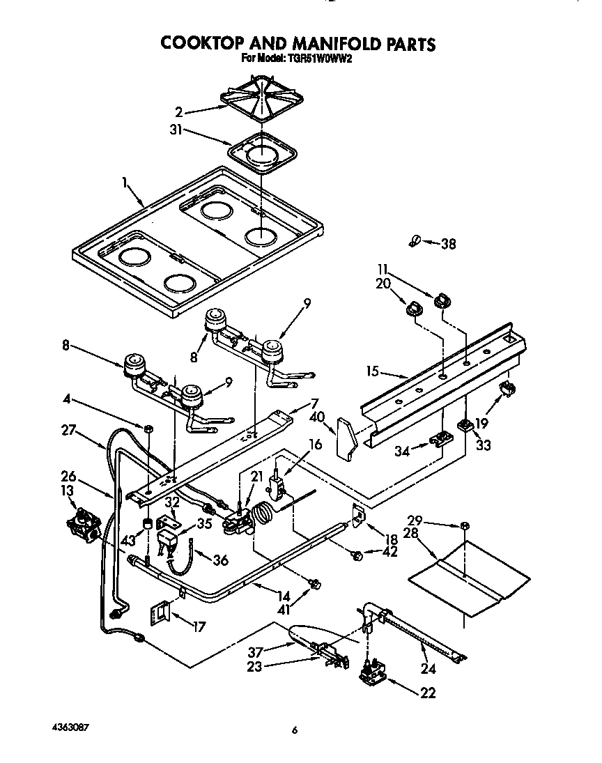 Whirlpool TGR51W0WW2 cooktop and manifold diagram