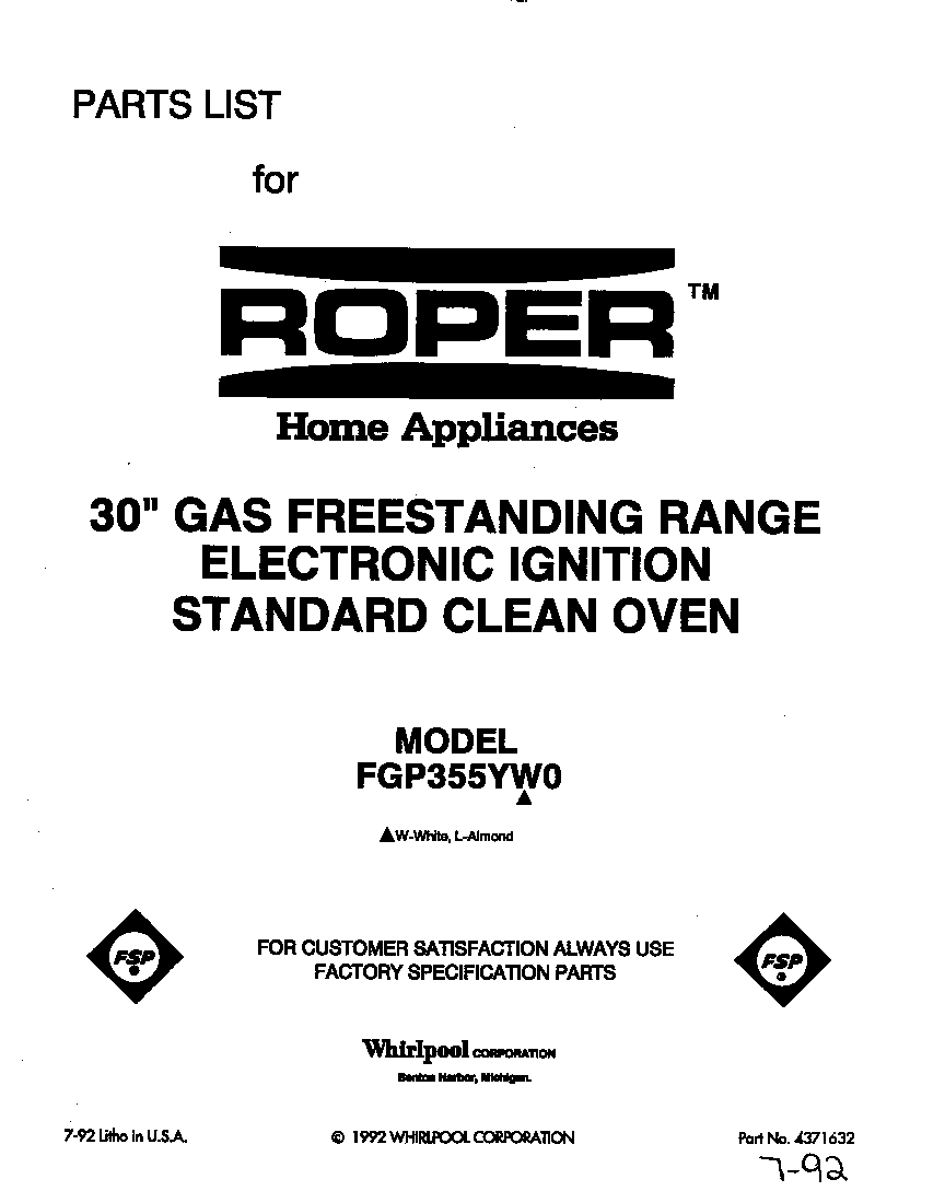 Roper FGP355YW0 front cover diagram