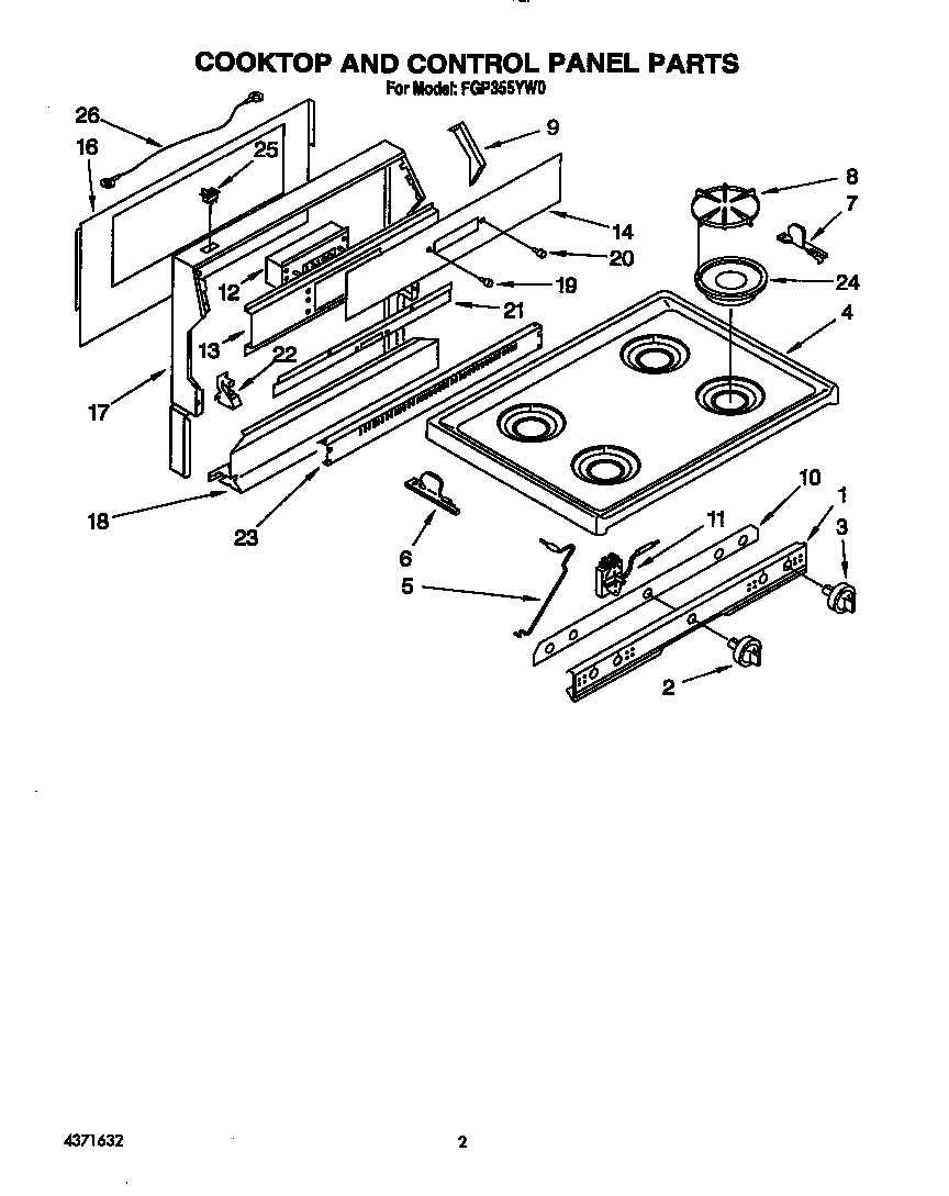 Roper FGP355YW0 cooktop and control panel diagram
