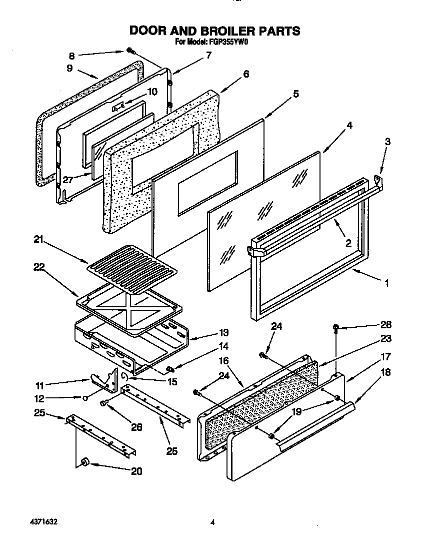 Roper FGP355YW0 door and broiler diagram