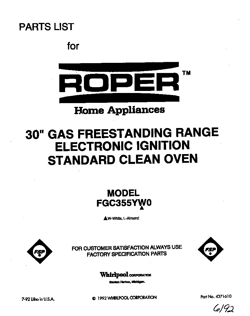 Roper FGC355YW0 front cover diagram