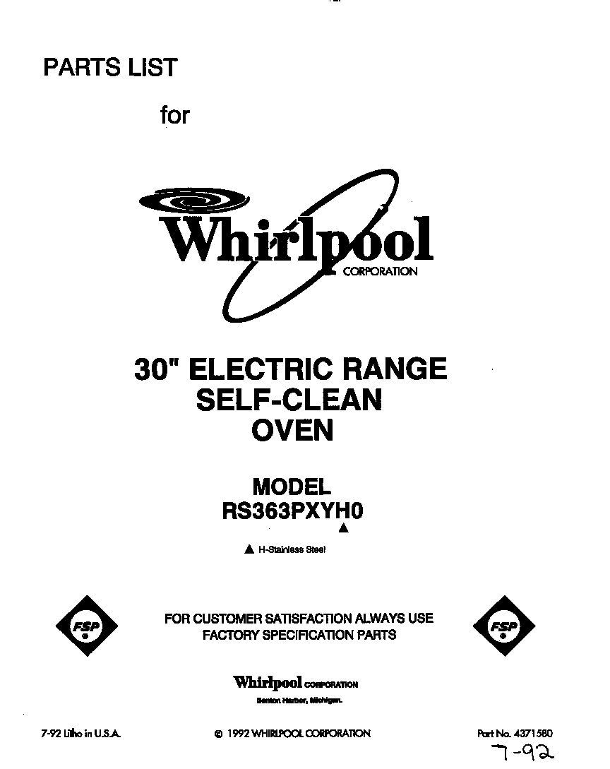 Whirlpool RS363PXYH0 front cover diagram