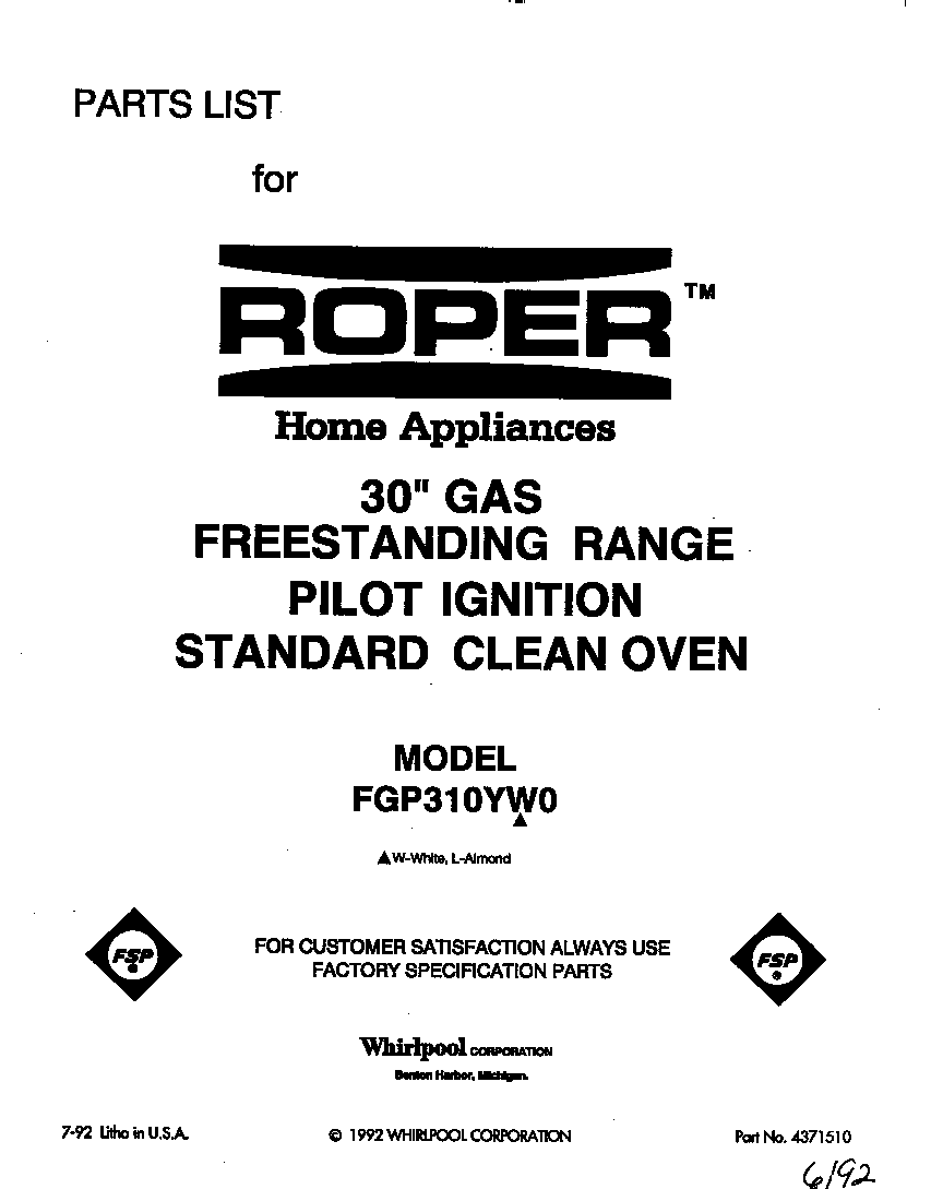 Roper FGP310YW0 front cover diagram
