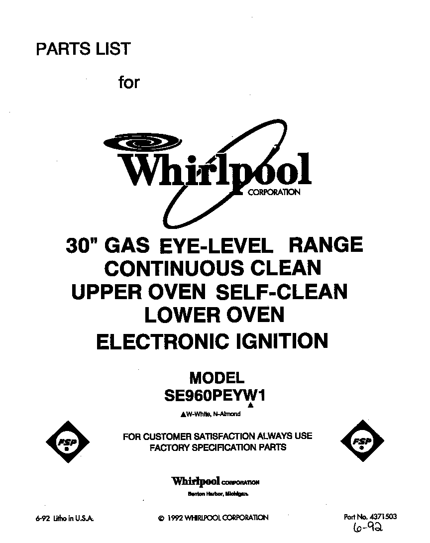 Whirlpool SE960PEYW1 front cover diagram