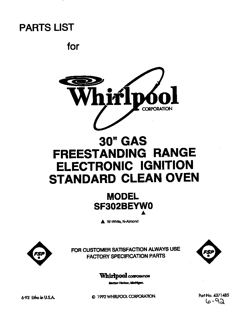 Whirlpool SF302BEYW0 front cover diagram