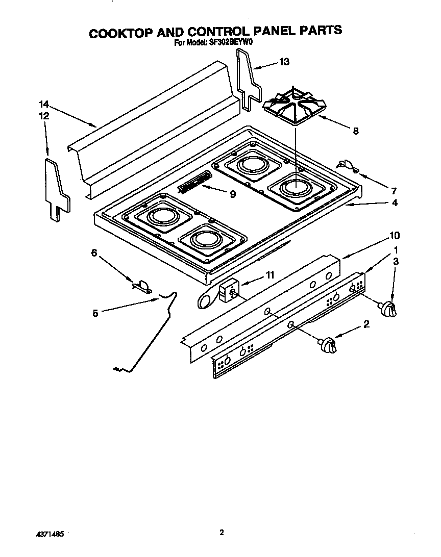 Whirlpool SF302BEYW0 cooktop and control panel diagram