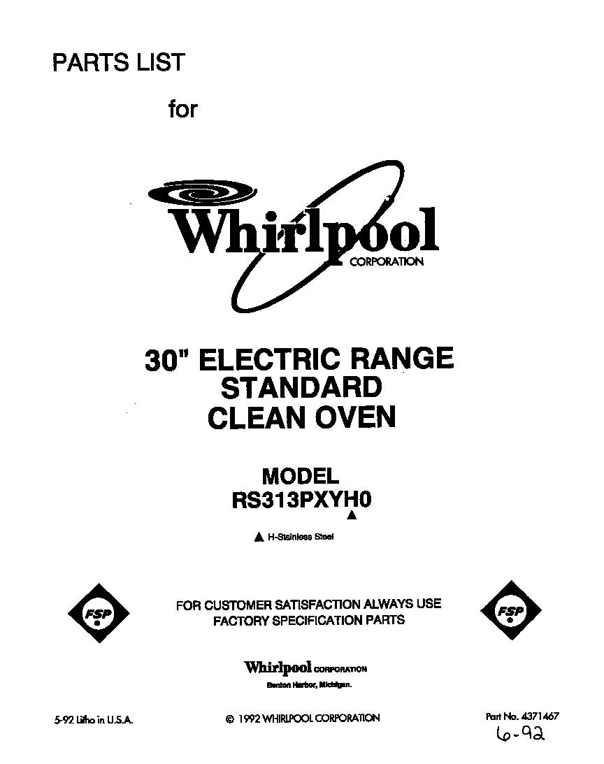 Whirlpool RS313PXYH0 front cover diagram