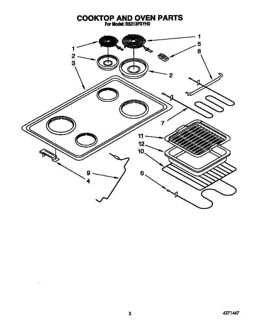 Whirlpool RS313PXYH0 cooktop and oven diagram