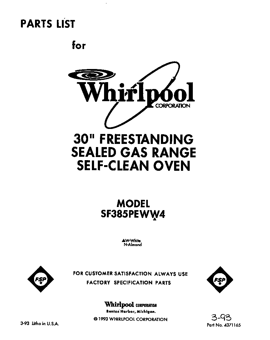 Whirlpool SF385PEWW4 front cover diagram