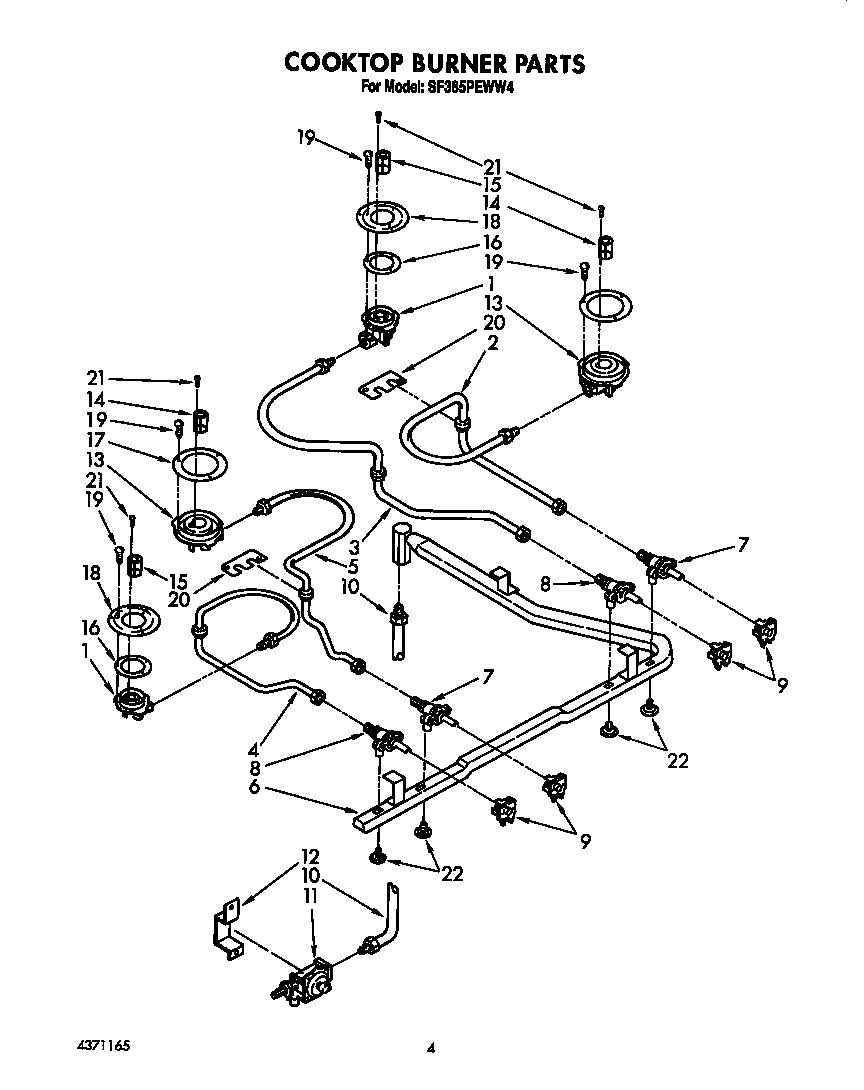 Whirlpool SF385PEWW4 cooktop burner diagram