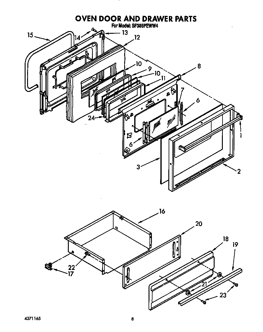 Whirlpool SF385PEWW4 oven door and drawer diagram