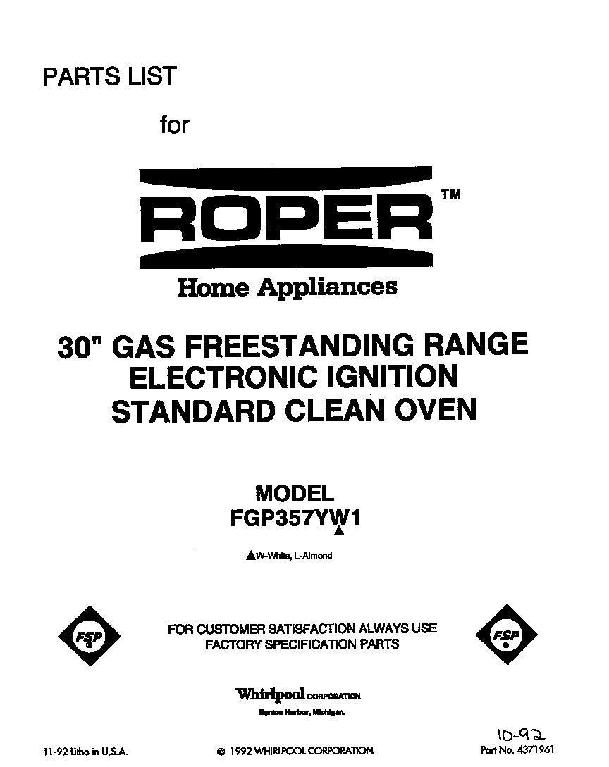 Roper FGP357YW1 front cover diagram