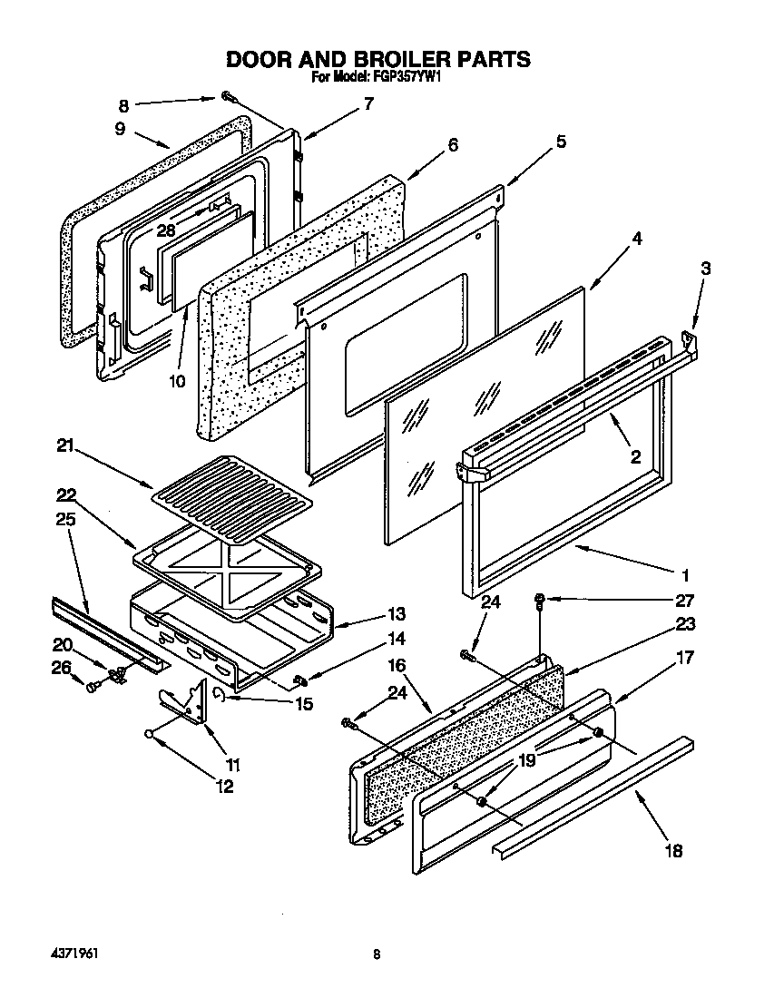 Roper FGP357YW1 door and broiler diagram