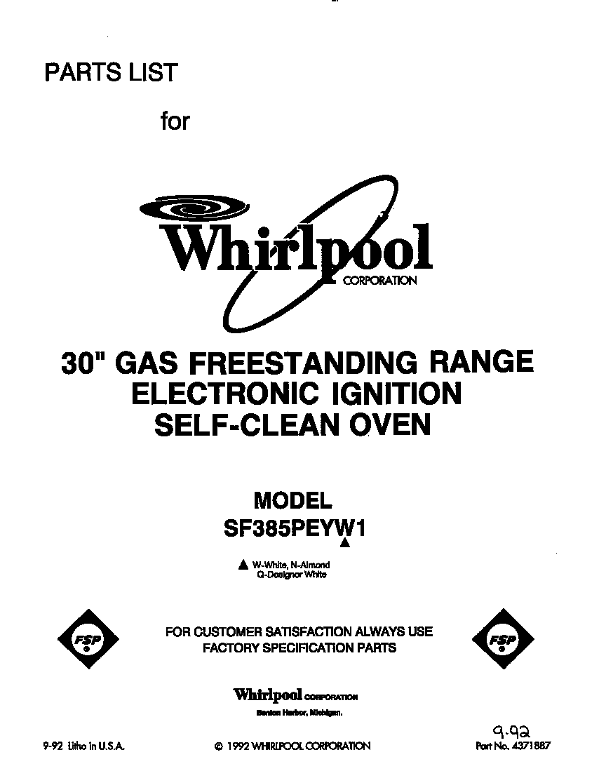 Whirlpool SF385PEYW1 front cover diagram
