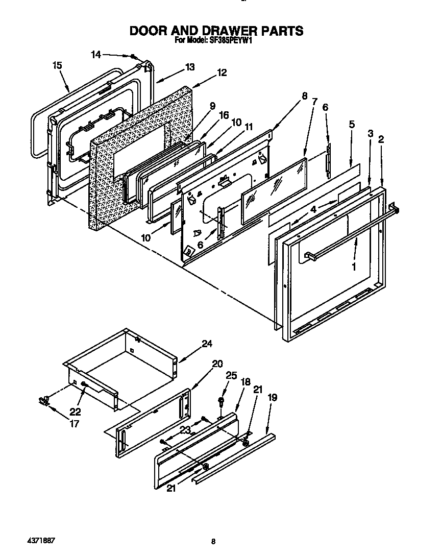 Whirlpool SF385PEYW1 door and drawer diagram