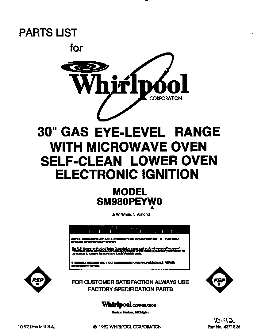 Whirlpool SM980PEYW0 front cover diagram