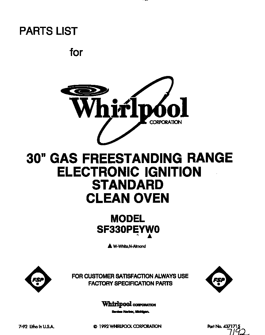 Whirlpool SF330PEYW0 front cover diagram