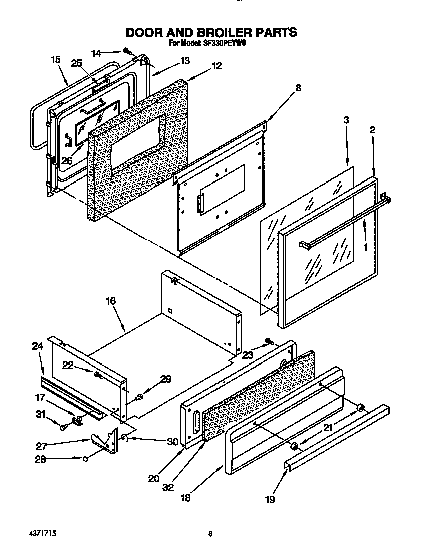 Whirlpool SF330PEYW0 door and broiler diagram