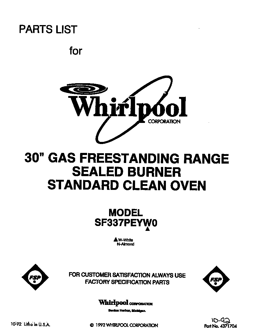 Whirlpool SF337PEYW0 front cover diagram