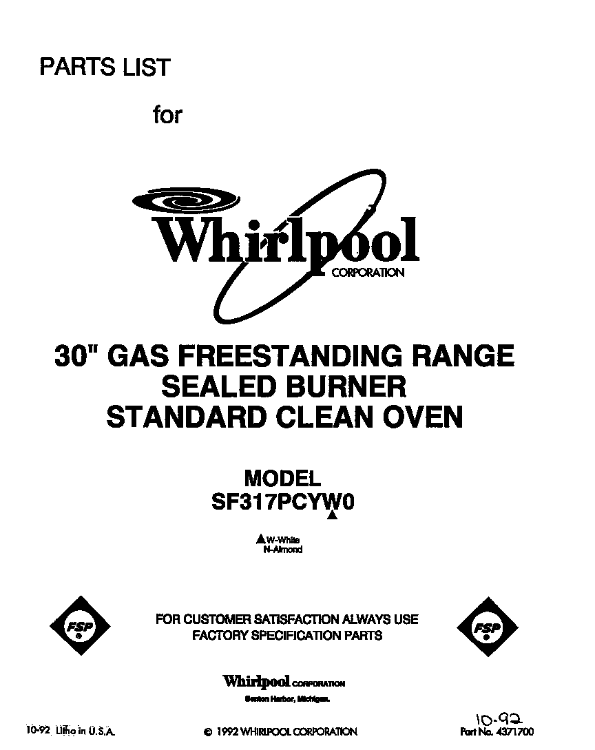 Whirlpool SF317PCYW0 front cover diagram