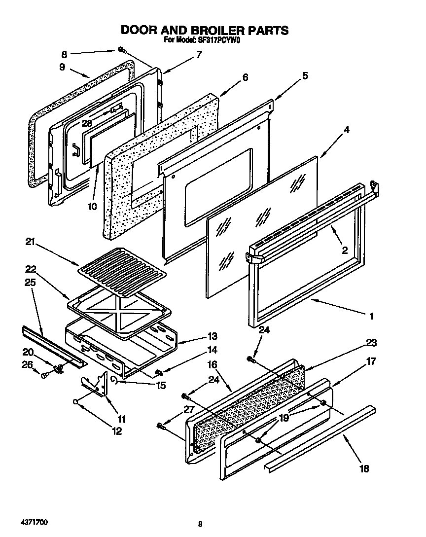 Whirlpool SF317PCYW0 door and broiler diagram