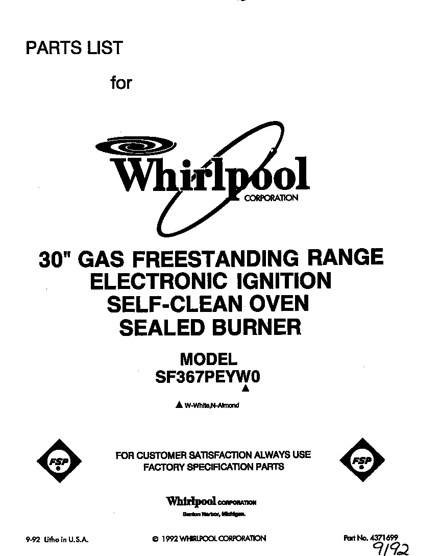 Whirlpool SF367PEYW0 front cover diagram