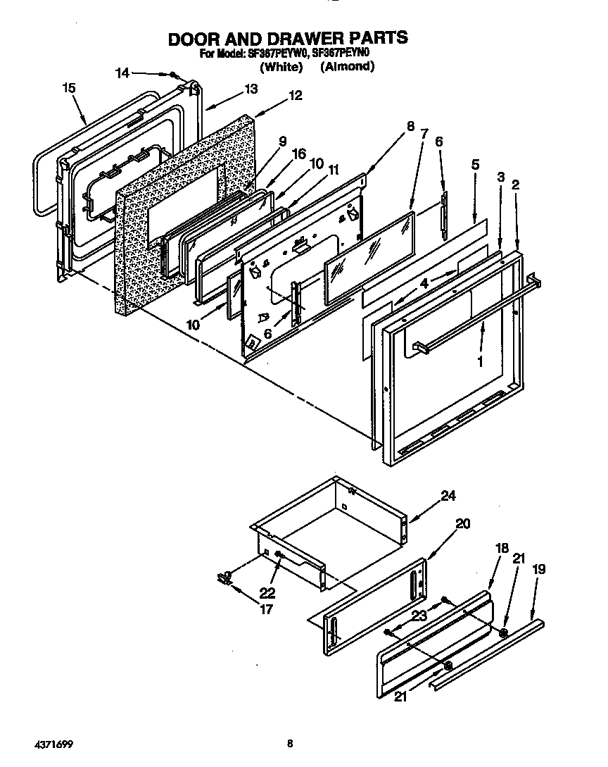 Whirlpool SF367PEYW0 door and drawer diagram