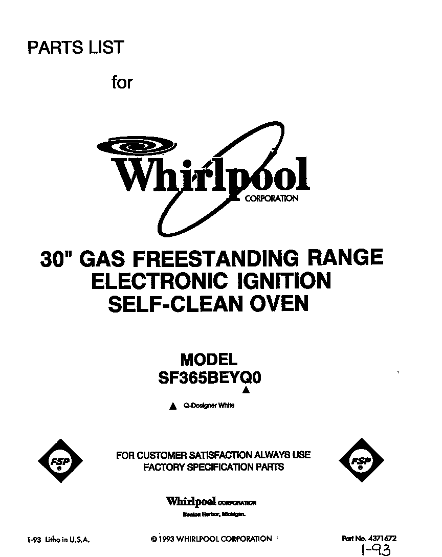 Whirlpool SF365BEYQ0 front cover diagram