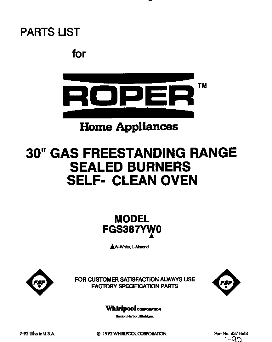 Roper FGS387YW0 front cover diagram
