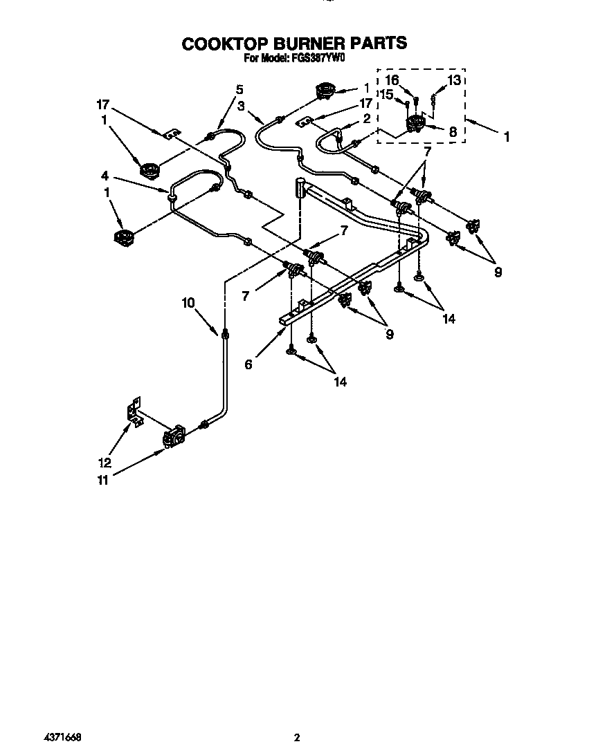 Roper FGS387YW0 cooktop burner diagram