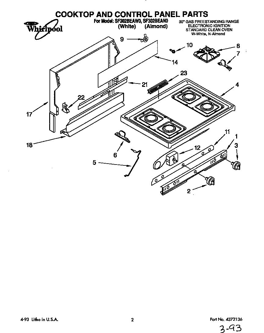 Whirlpool SF302BEAW0 cooktop and control panel diagram