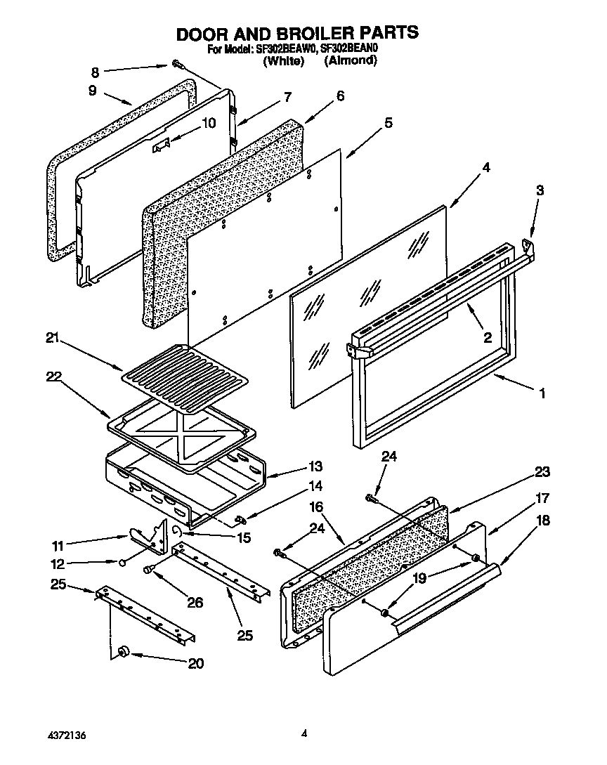 Whirlpool SF302BEAW0 door and broiler diagram