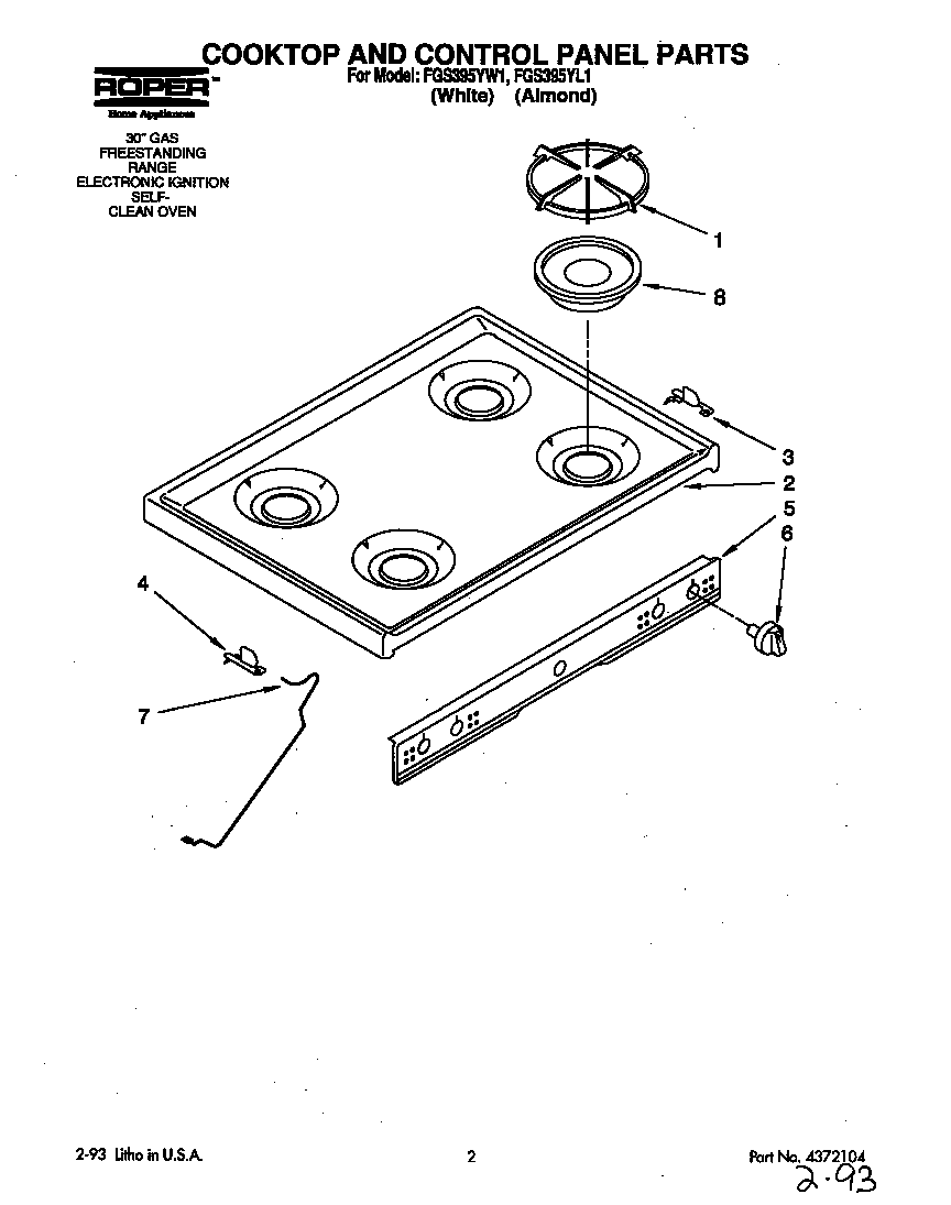 Roper FGS395YW1 cooktop and control panel diagram