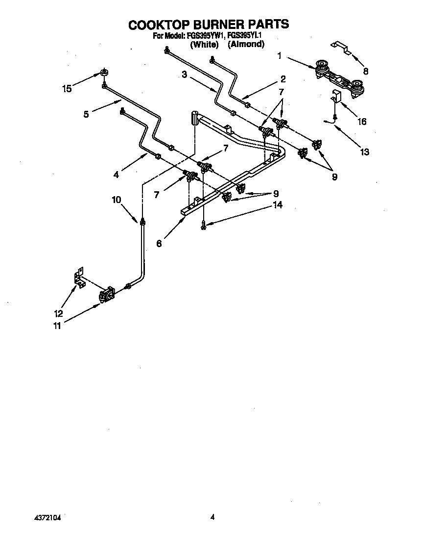 Roper FGS395YW1 cooktop burner diagram
