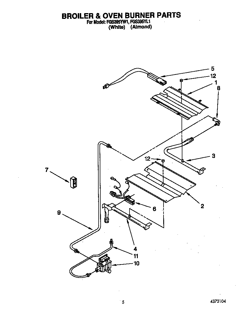 Roper FGS395YW1 broiler and oven burner diagram