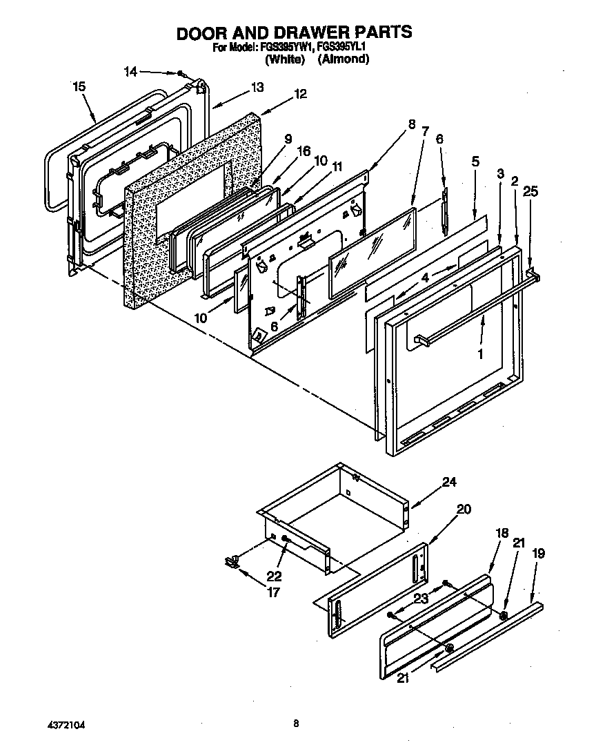 Roper FGS395YW1 oven door and drawer diagram