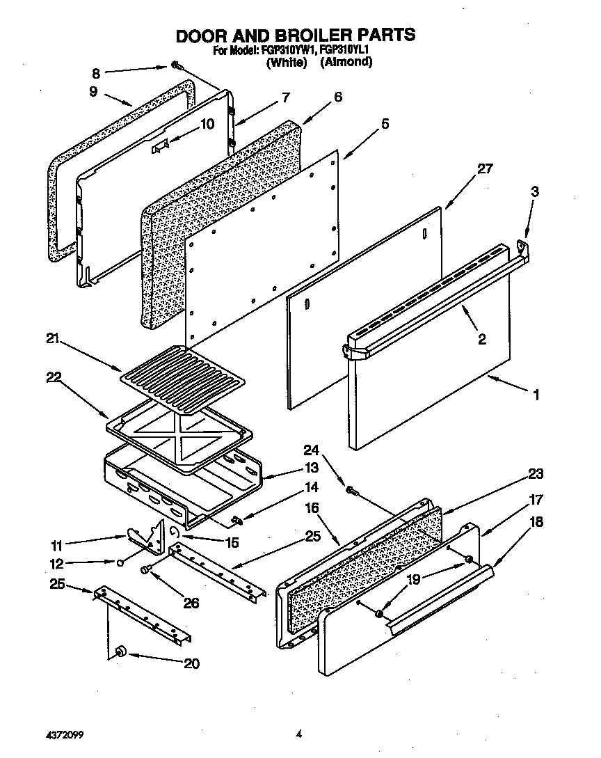Roper FGP310YW1 door and broiler parts diagram