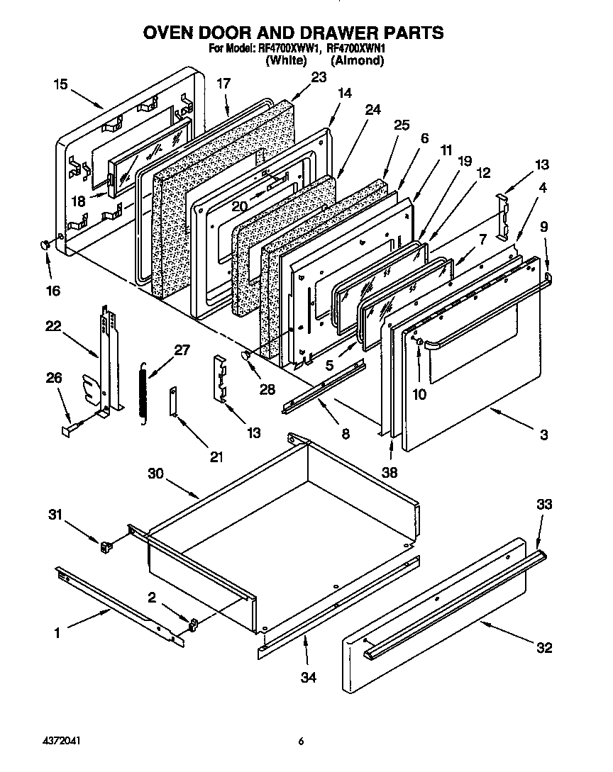 Whirlpool RF4700XWW1 oven door and drawer diagram