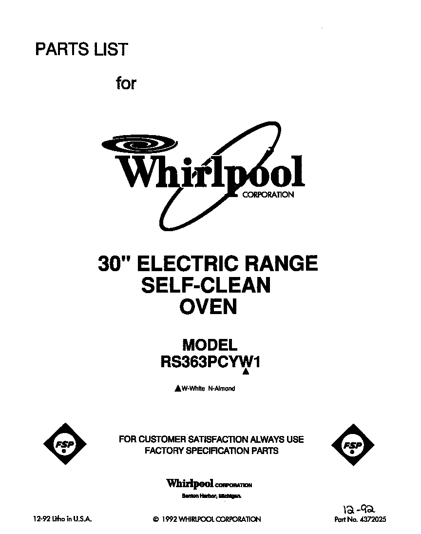Whirlpool RS363PCYW1 front cover diagram