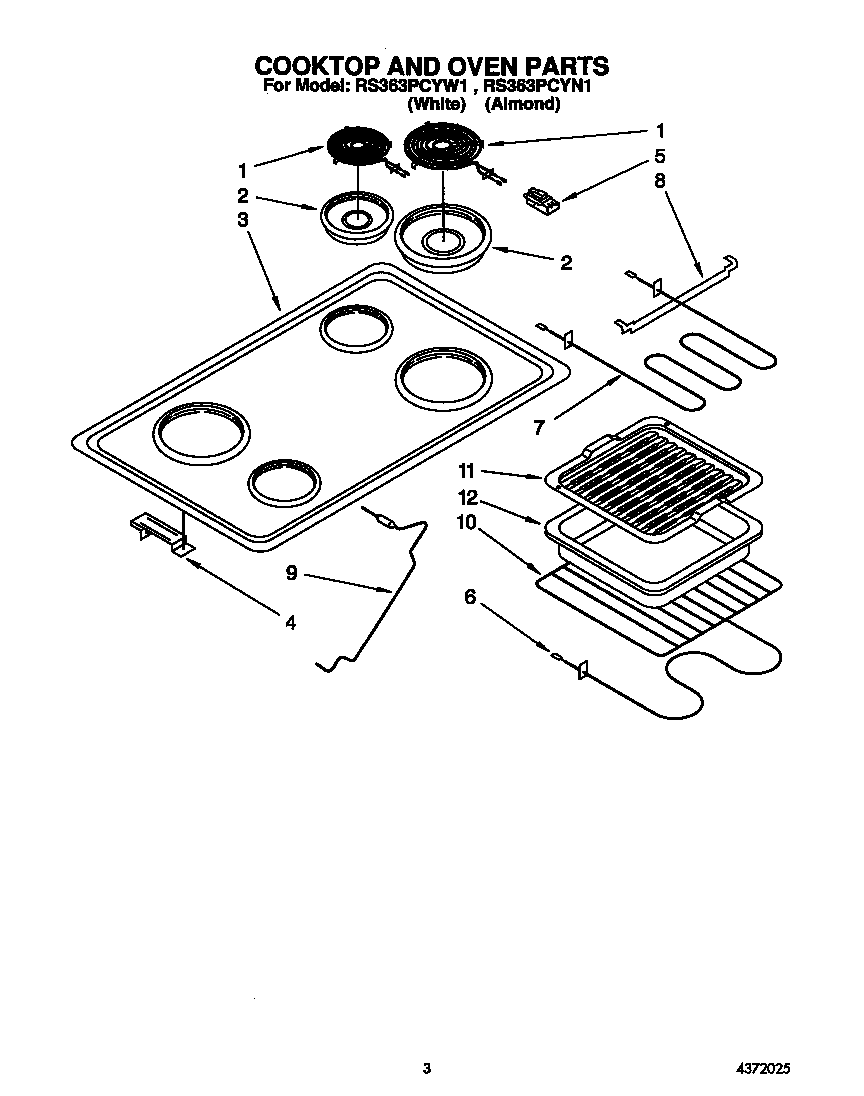 Whirlpool RS363PCYW1 cooktop and oven diagram