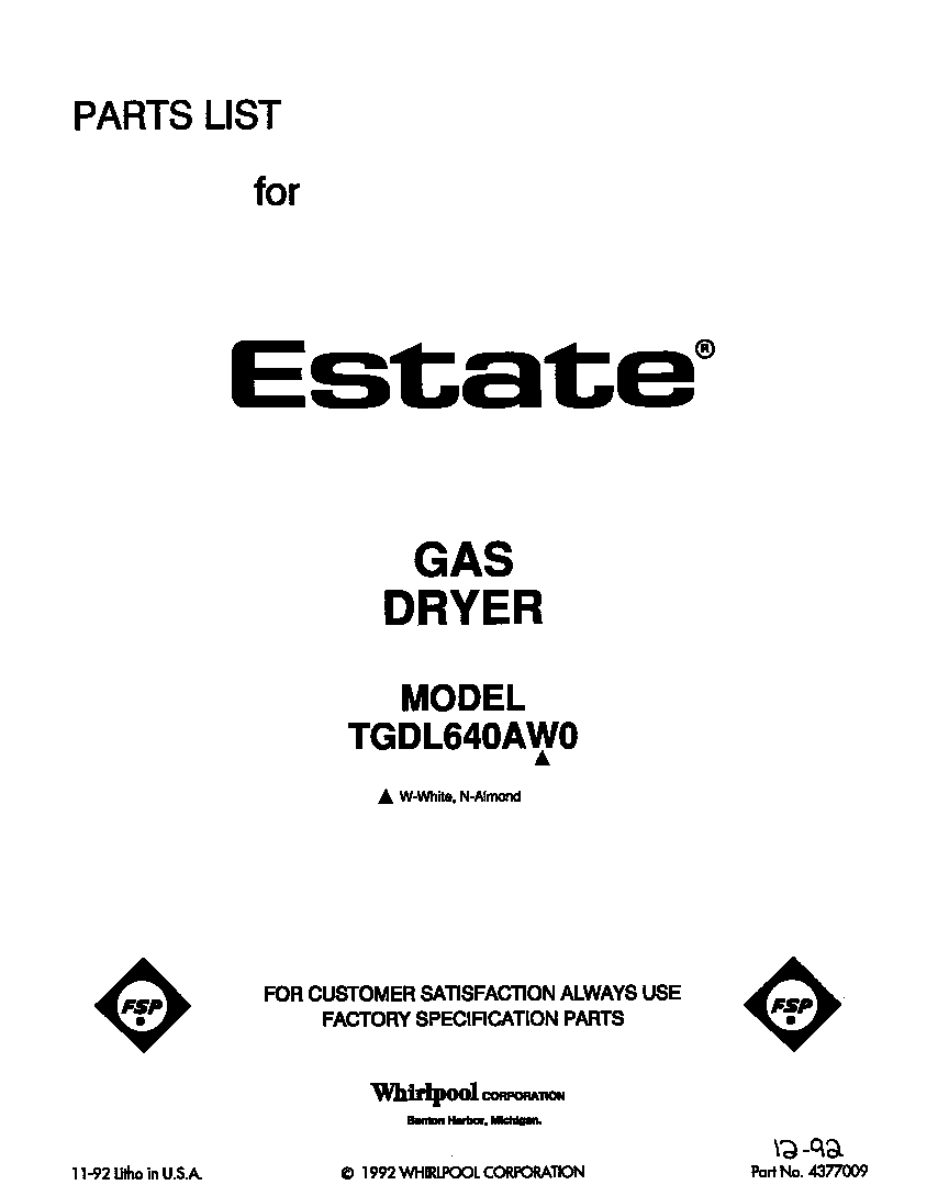 Whirlpool TGDL640AW0 front cover diagram