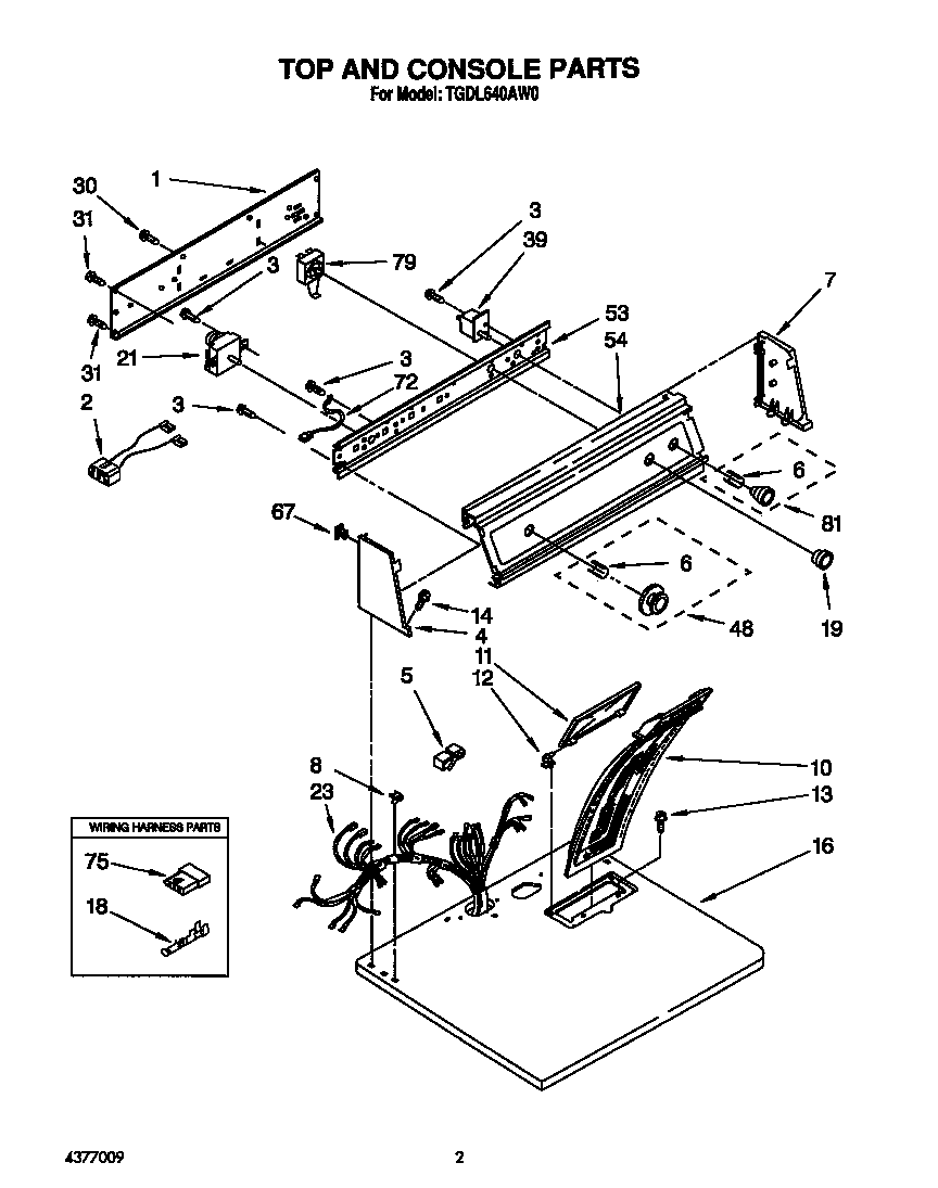 Whirlpool TGDL640AW0 top and console diagram