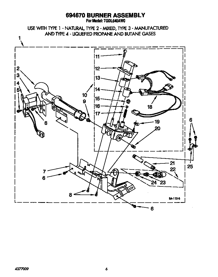 Whirlpool TGDL640AW0 694670 burner assembly diagram